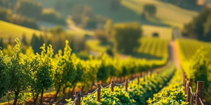 Lush green hills and rows of vibrant vegetables and fruits under a clear blue sky.