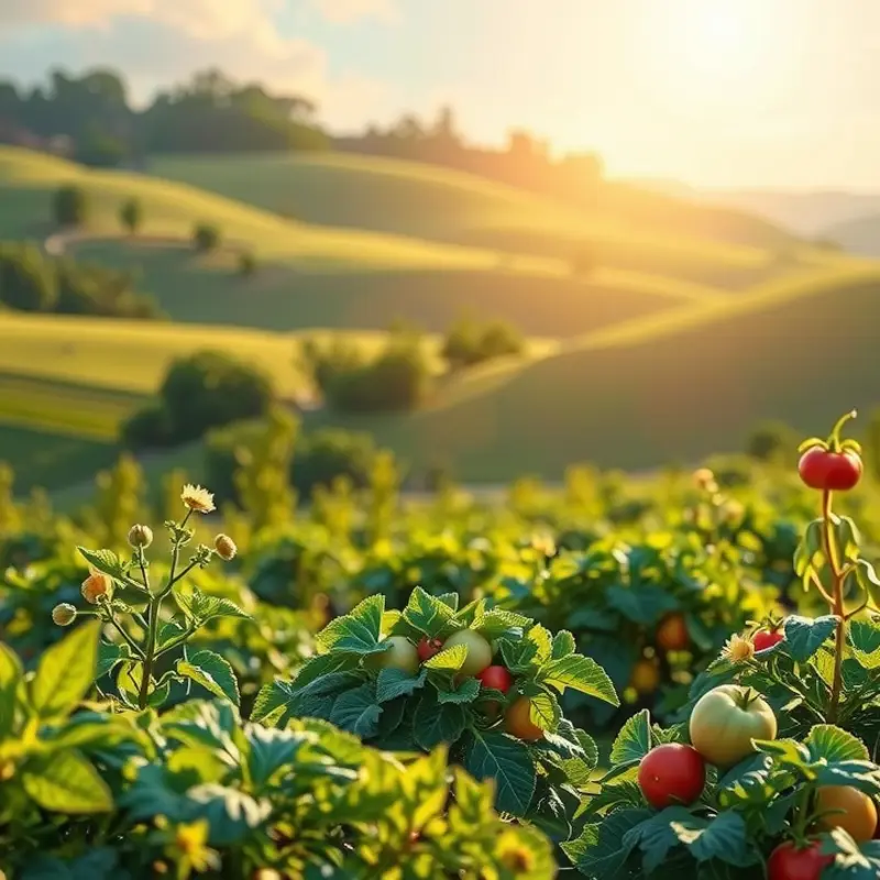 A sunlit field showcasing vibrant organic vegetables amidst lush greenery.