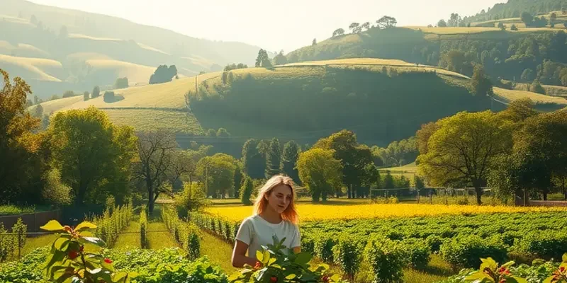 Scenic view of a sunlit field filled with vibrant vegetables and organic fruits.