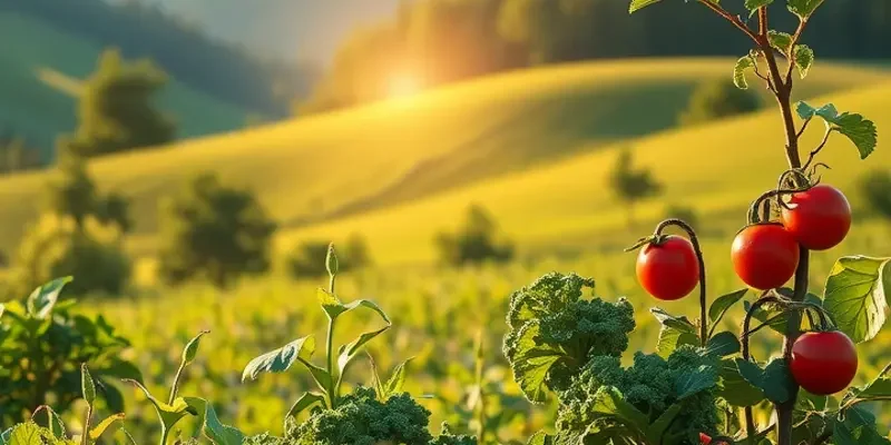 A serene landscape featuring a sunlit field with healthy produce, symbolizing the essence of nutritious food.