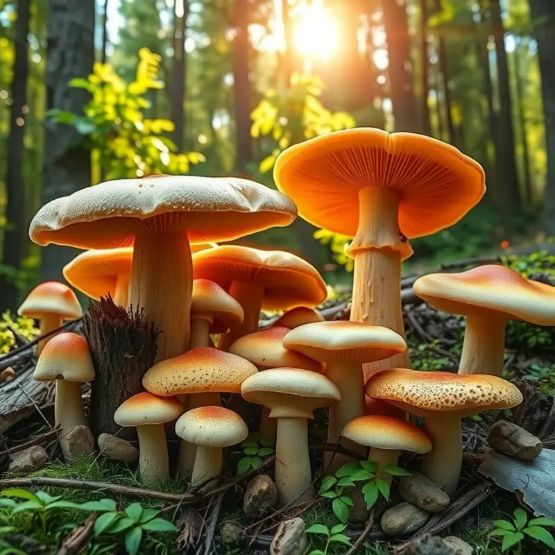 A variety of mushrooms in their natural environment.