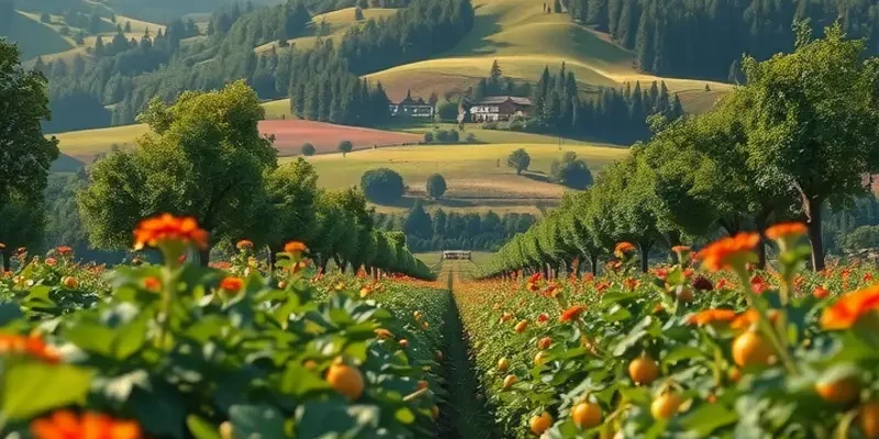 Photorealistic landscape depicting a healthy field with organic fruits and vegetables.