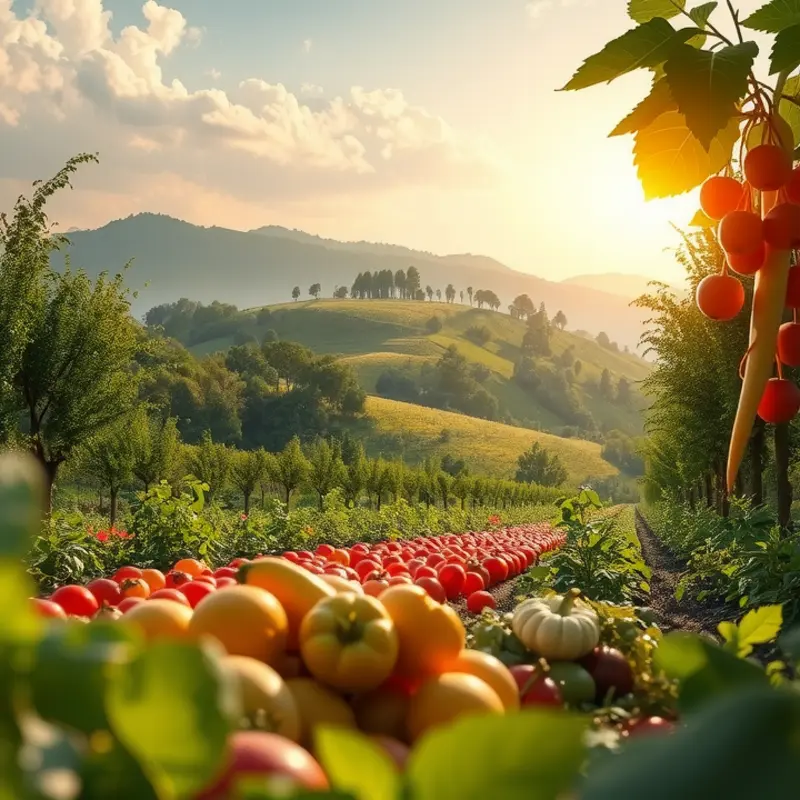 Vibrant fruits and vegetables growing in a sunlit field.