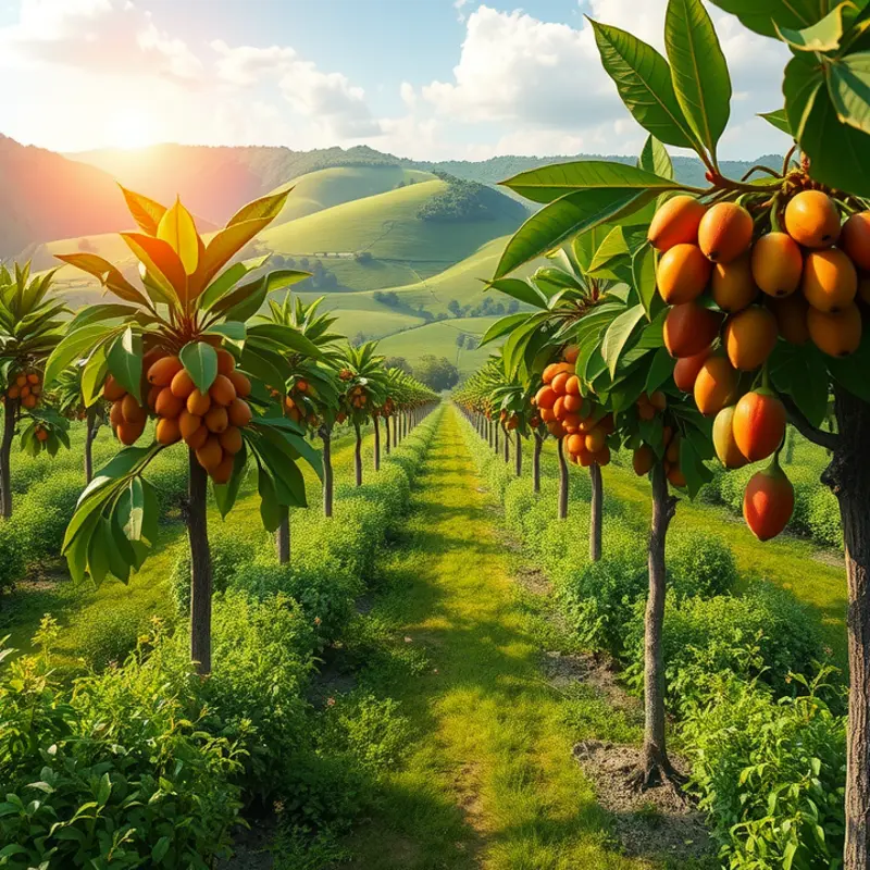 Vibrant cocoa trees in a sunlit orchard representing the source of dark chocolate.