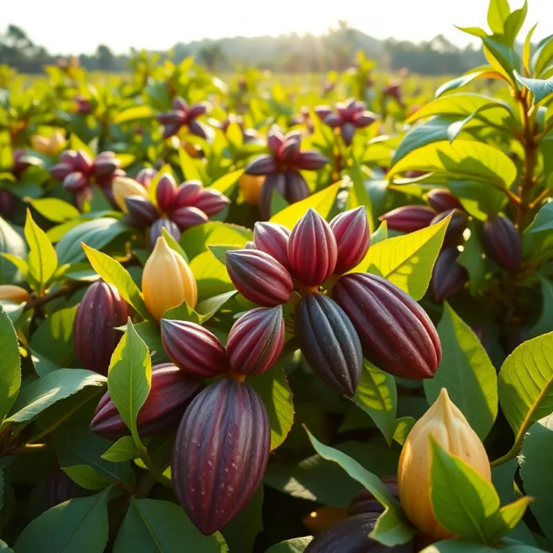Vibrant cocoa trees in a sunlit orchard representing the source of dark chocolate.