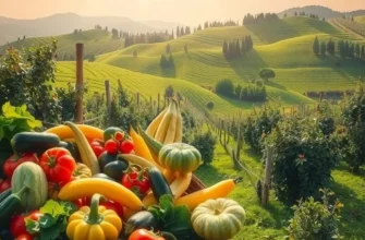 A vibrant landscape of vegetables and fruits in a natural setting that represents cold climate cuisines.