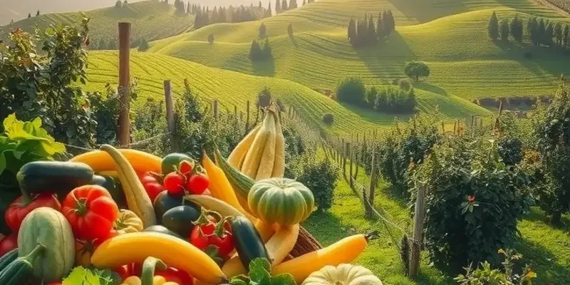 A vibrant landscape of vegetables and fruits in a natural setting that represents cold climate cuisines.