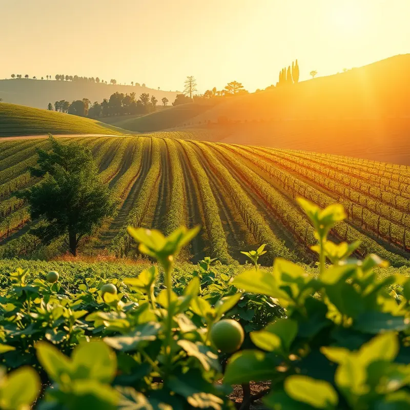 A vibrant array of organic fruits and vegetables in a lush field.