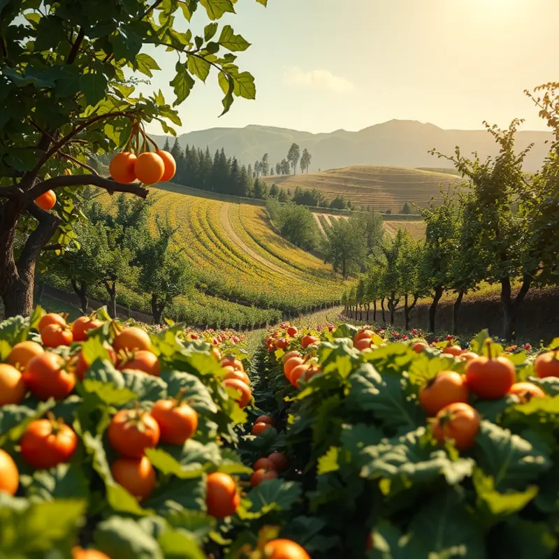 A beautiful sunlit field showcasing organic vegetables and fruits.