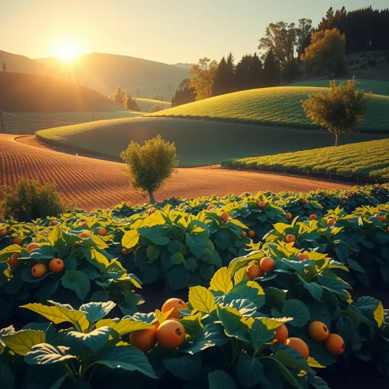 A vibrant, sunlit field filled with lush vegetables, emphasizing fresh and organic produce.