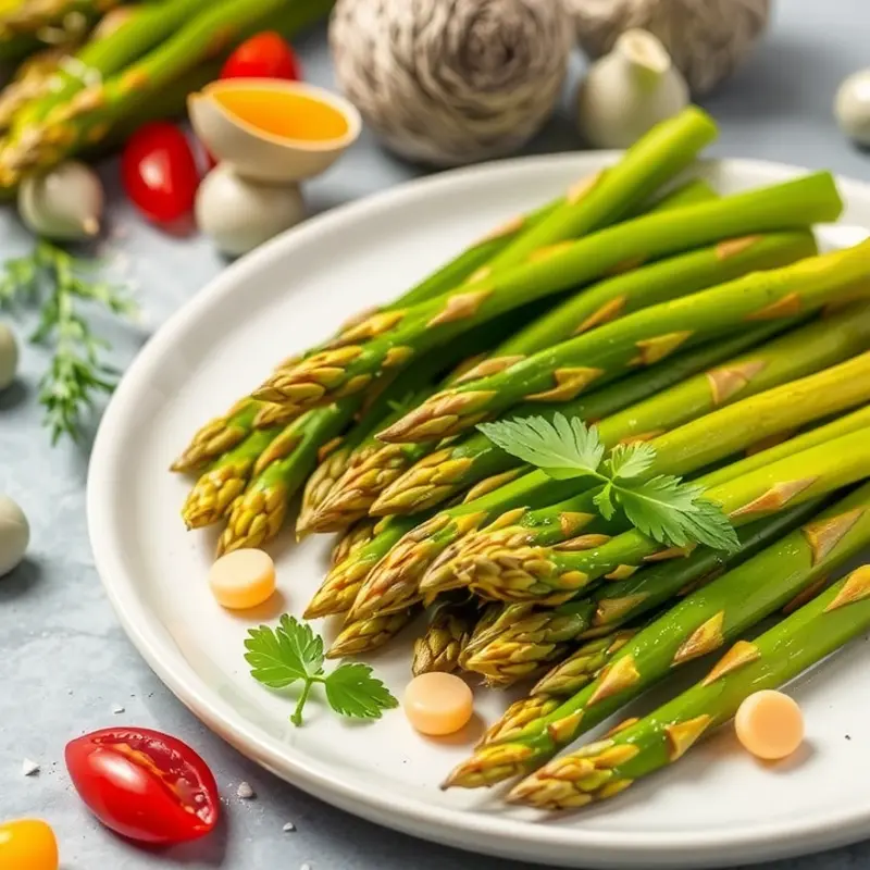 A lush garden scene featuring vibrant asparagus intertwined with other organic vegetables.