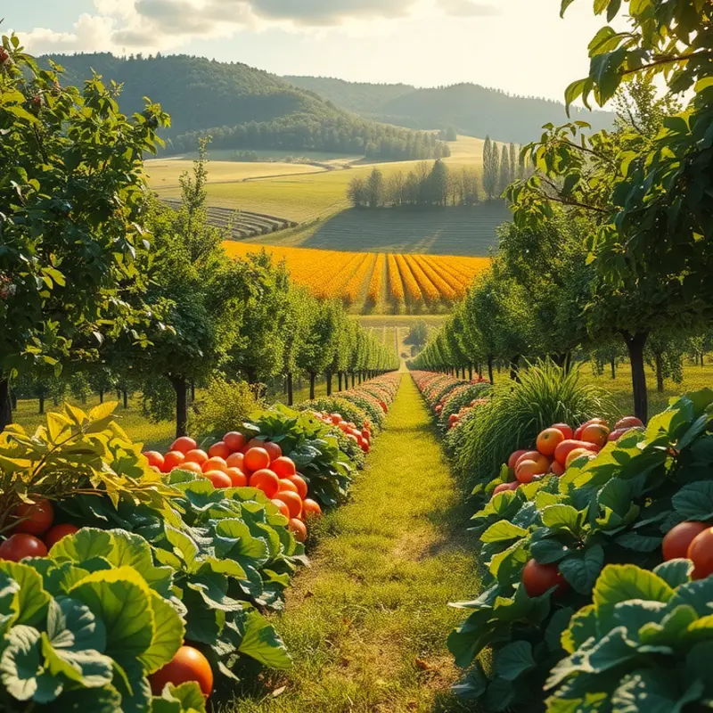 A serene landscape showcasing a variety of organic vegetables growing in a sunlit field.