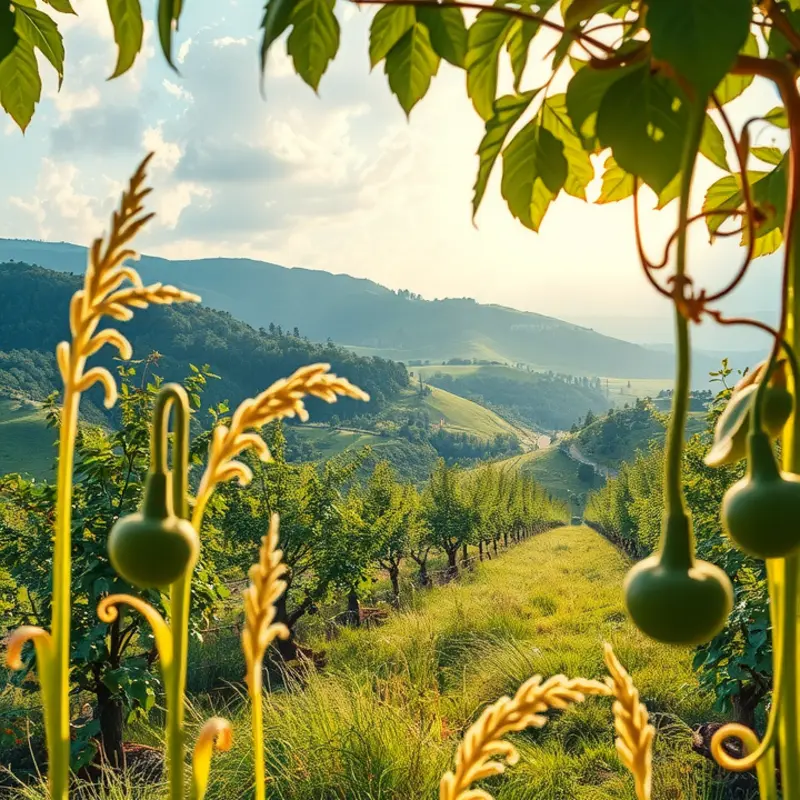 A beautifully sunlit field showcasing vibrant vegetables and fruits.