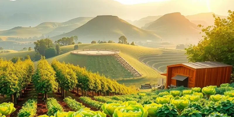 A serene landscape filled with colorful fruits and vegetables representing balanced nutrition.