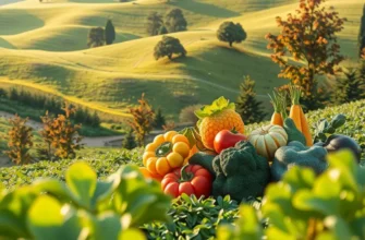 A captivating view of a fertile field with a variety of fruits and vegetables under bright sunlight.
