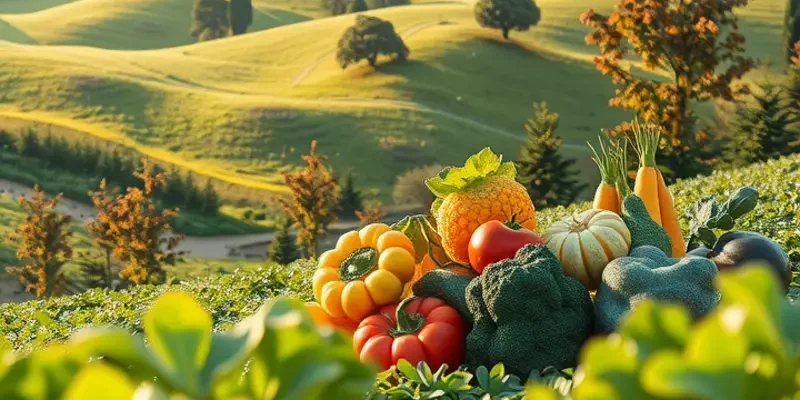 A captivating view of a fertile field with a variety of fruits and vegetables under bright sunlight.