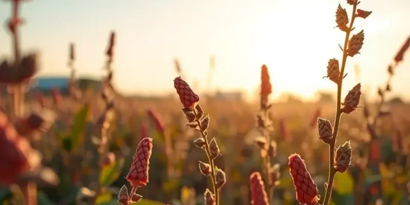 A scenic representation of nature featuring cinnamon plants alongside lush vegetables and fruits under warm sunlight.