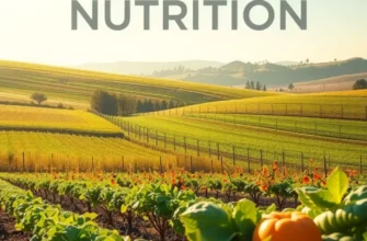 A scenic landscape with abundant organic fruits and vegetables under soft, warm sunlight.