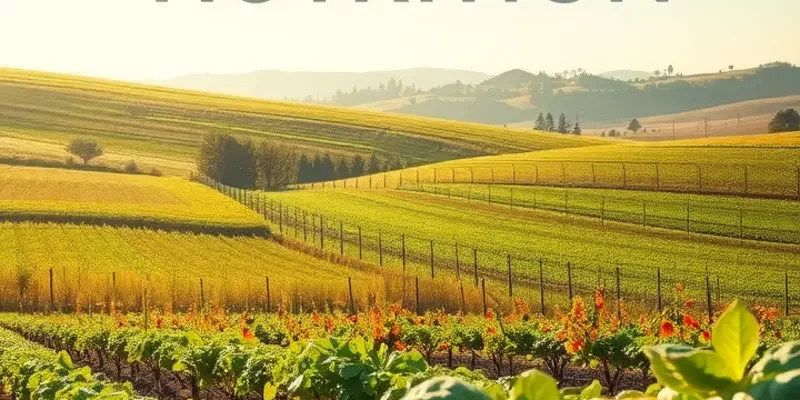 A scenic landscape with abundant organic fruits and vegetables under soft, warm sunlight.