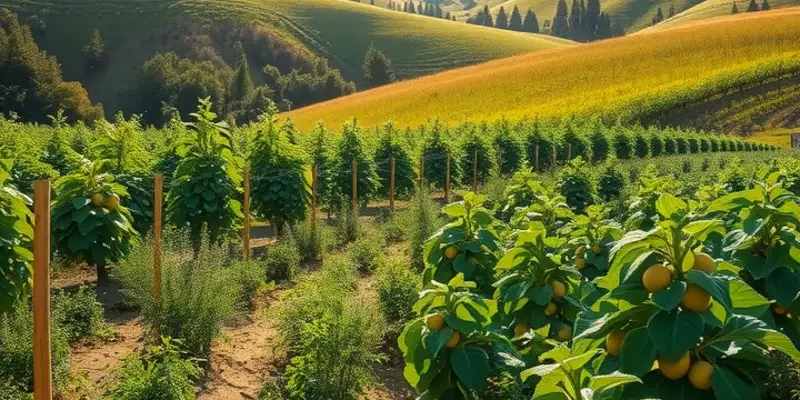 A serene landscape filled with lush greenery and ripe fruits, symbolizing the essence of a raw vegan diet.