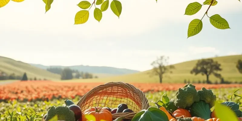 A beautiful field filled with organic vegetables under soft sunlight.