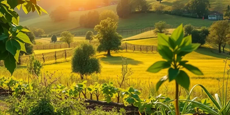 Scenic sunlit field showcasing vibrant fruits and vegetables, epitomizing natural health and nutrition.