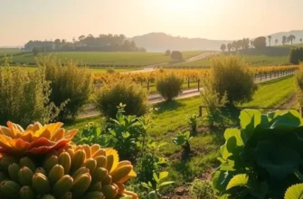 A picturesque orchard under bright sunlight displaying rich greenery and a variety of fresh produce.