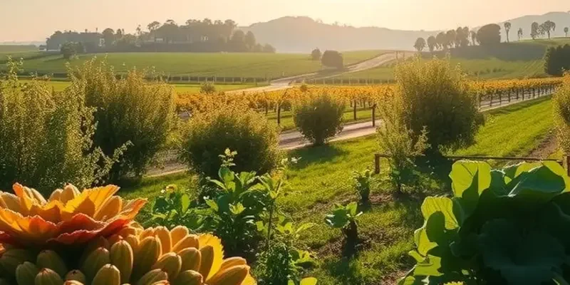 A picturesque orchard under bright sunlight displaying rich greenery and a variety of fresh produce.