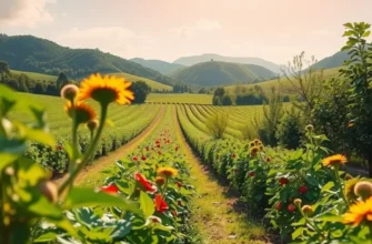 A vibrant landscape showcasing fields of fresh fruits and vegetables in a serene environment.
