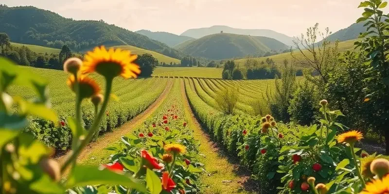 A vibrant landscape showcasing fields of fresh fruits and vegetables in a serene environment.