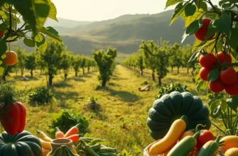 A peaceful sunlit landscape filled with colorful fresh vegetables and fruits growing in harmony with nature.