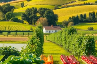 A picturesque organic farm filled with vibrant vegetables and fruits under soft sunlight.