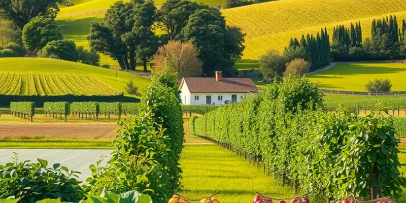 A picturesque organic farm filled with vibrant vegetables and fruits under soft sunlight.