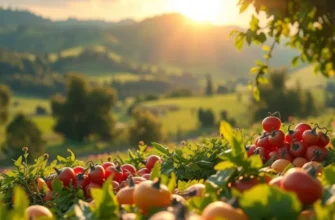 A scenic landscape showcasing an array of fresh, organic vegetables and fruits.