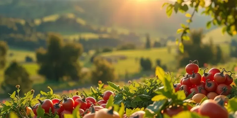 A scenic landscape showcasing an array of fresh, organic vegetables and fruits.