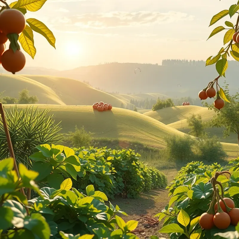 A sunlit orchard filled with vibrant vegetables and fruits.