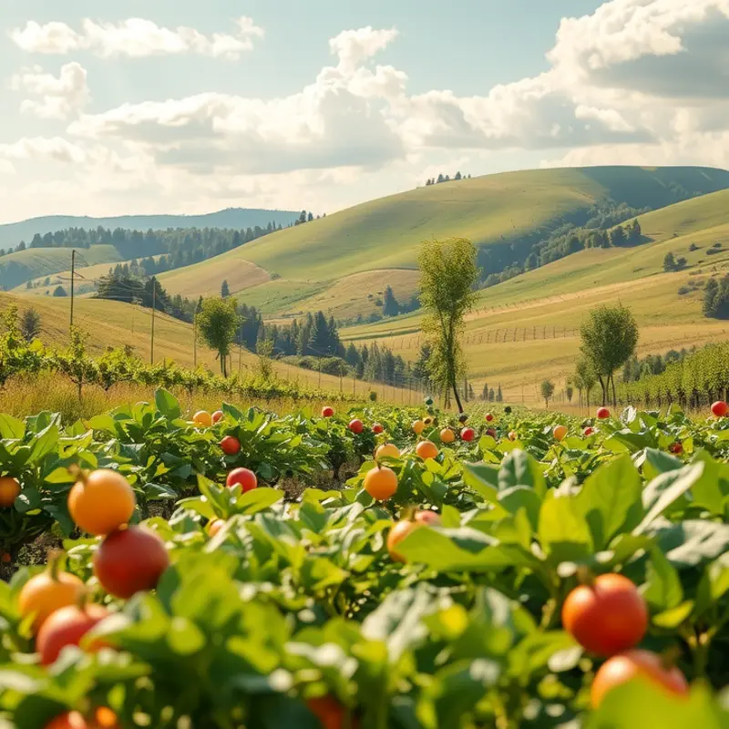A serene nature scene showcasing vibrant fruits and vegetables growing in a sunlit field.