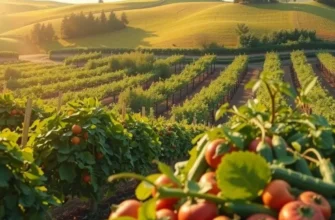 A peaceful natural landscape with vibrant fruits and vegetables exemplifying healthy, organic living.