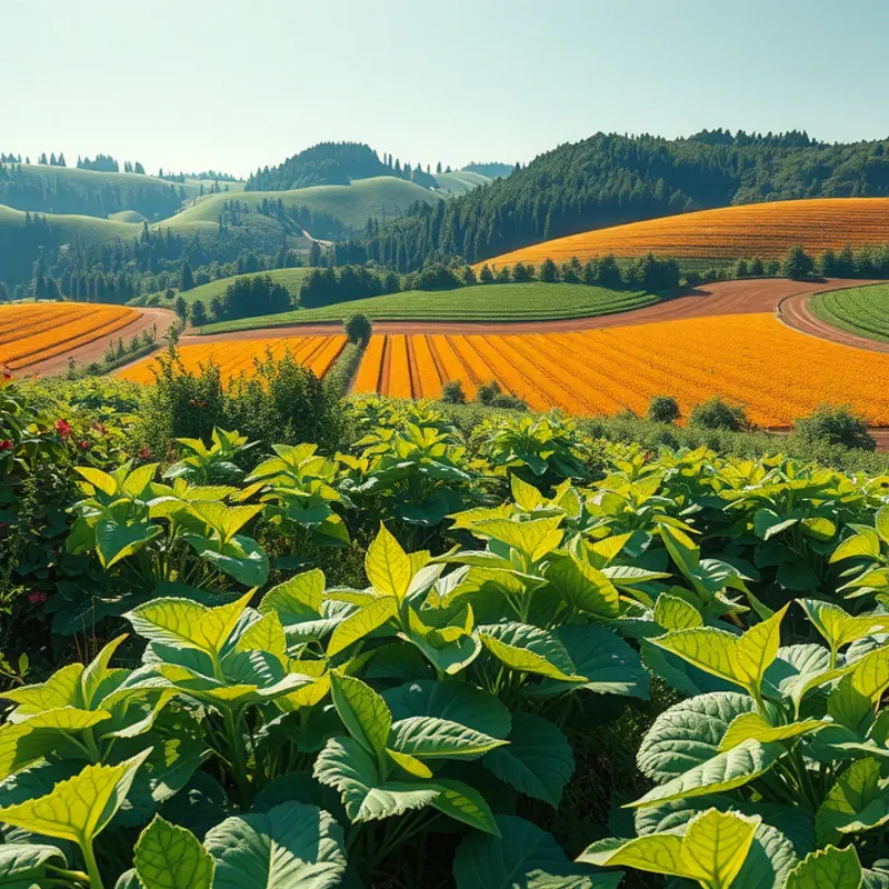 A sunlit field showcasing the natural growth of vegetables and fruits in a desert landscape.