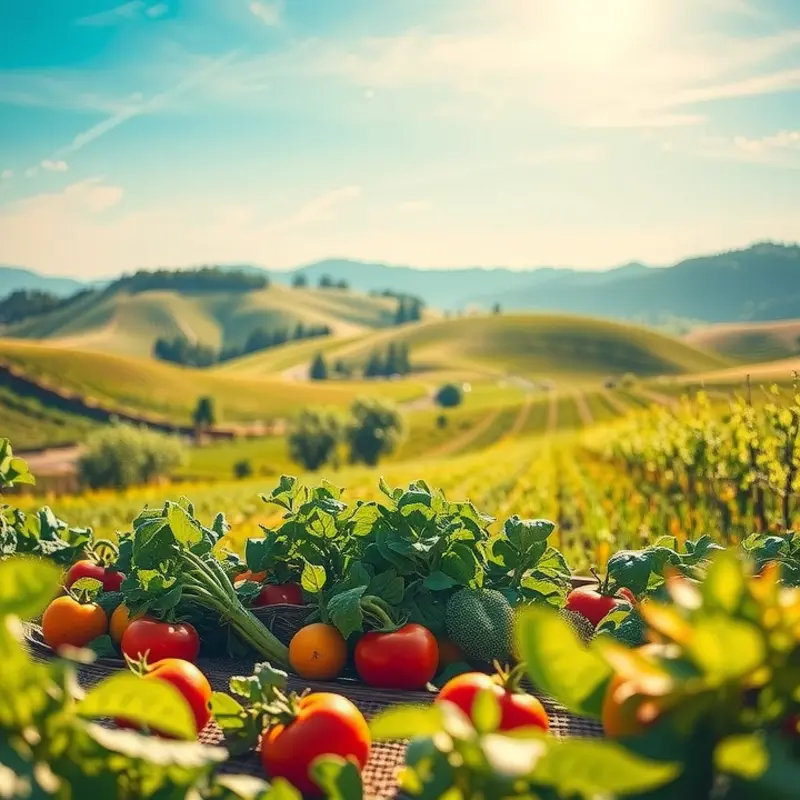 A sunlit field showcasing the natural growth of vegetables and fruits in a desert landscape.