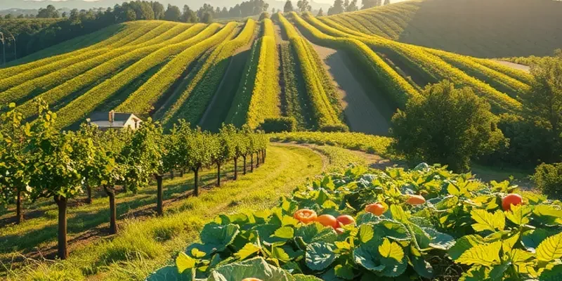 Photorealistic desert landscape showcasing a sunlit field filled with fresh vegetables and fruits.