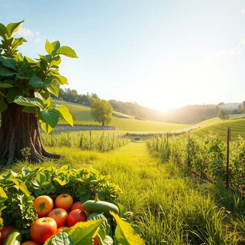 A sunlit field rich with vibrant fruits and vegetables representing natural health.