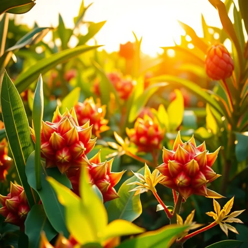 A serene landscape filled with vibrant dragon fruits amidst lush greenery.
