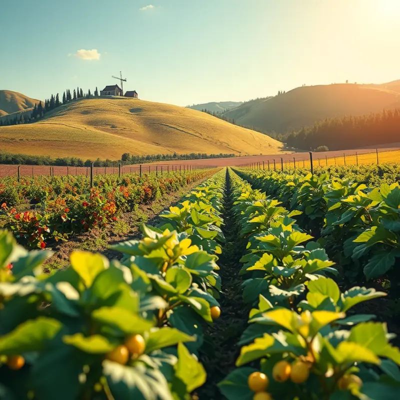 A sunlit garden abundant with organic vegetables and fruits.