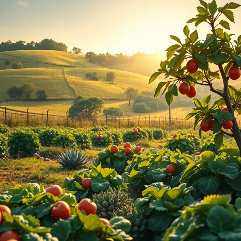 A serene field abundant with vibrant vegetables and fruits, symbolizing nature’s bounty and emotional nourishment.