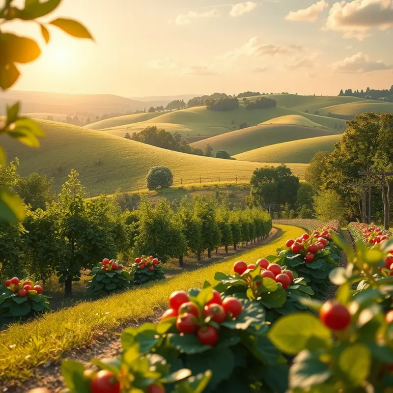 A sunny orchard flourishing with vibrant fruits and vegetables, symbolizing the nutrients essential for cognitive health.