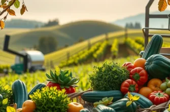 A vibrant landscape with an orchard of organic fruits and vegetables glowing under sunlight.