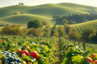 A serene landscape showcasing a sunny orchard full of fresh organic produce.