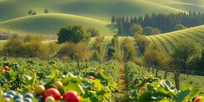 A serene landscape showcasing a sunny orchard full of fresh organic produce.