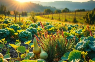 A serene and vibrant agricultural landscape showcasing healthy organic produce.